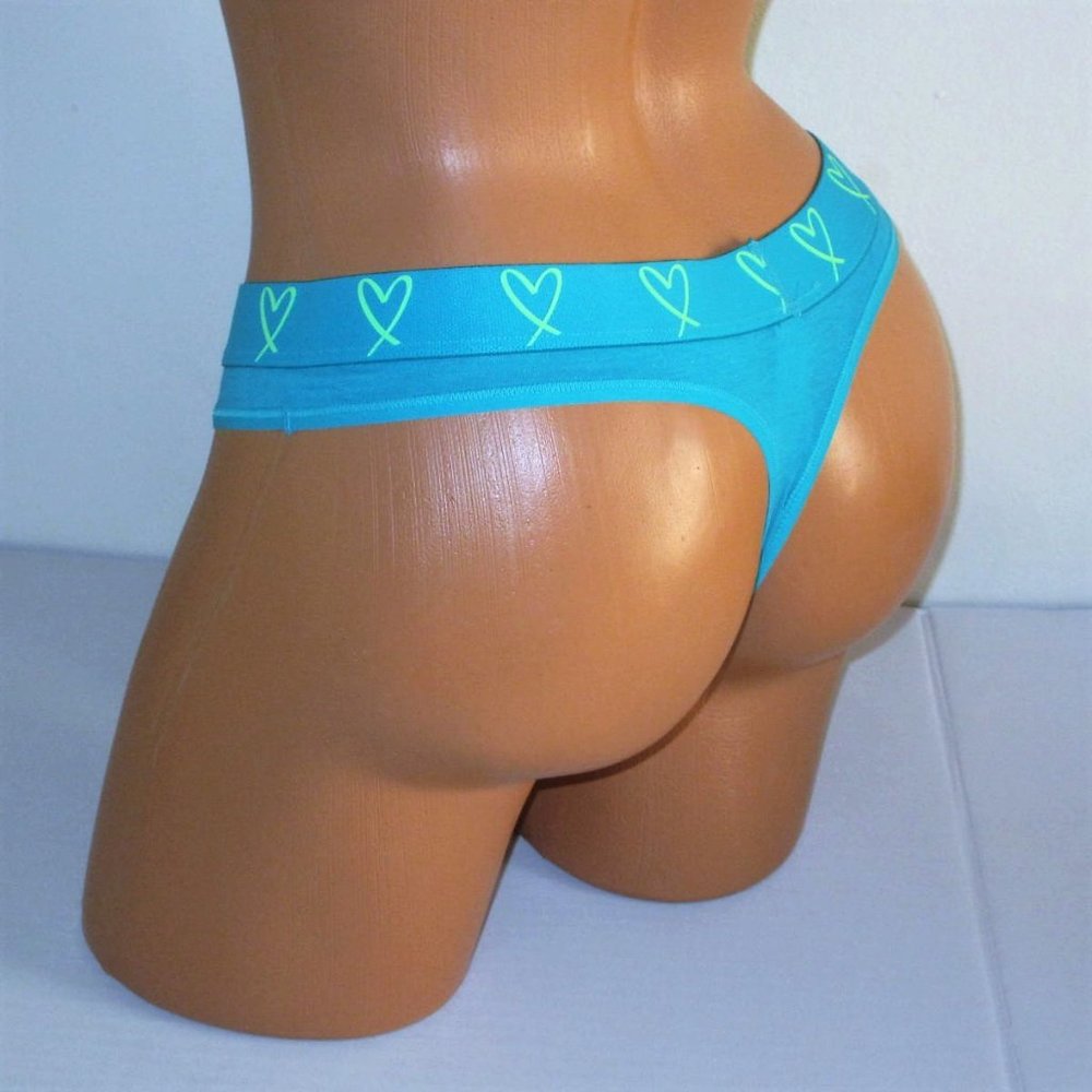 VICTORIA'S SECRET Cotton Thong Panty Size M Heart Waistband Turquoise Green